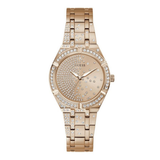 Rose gold watch with crystal embellishments on a white background
