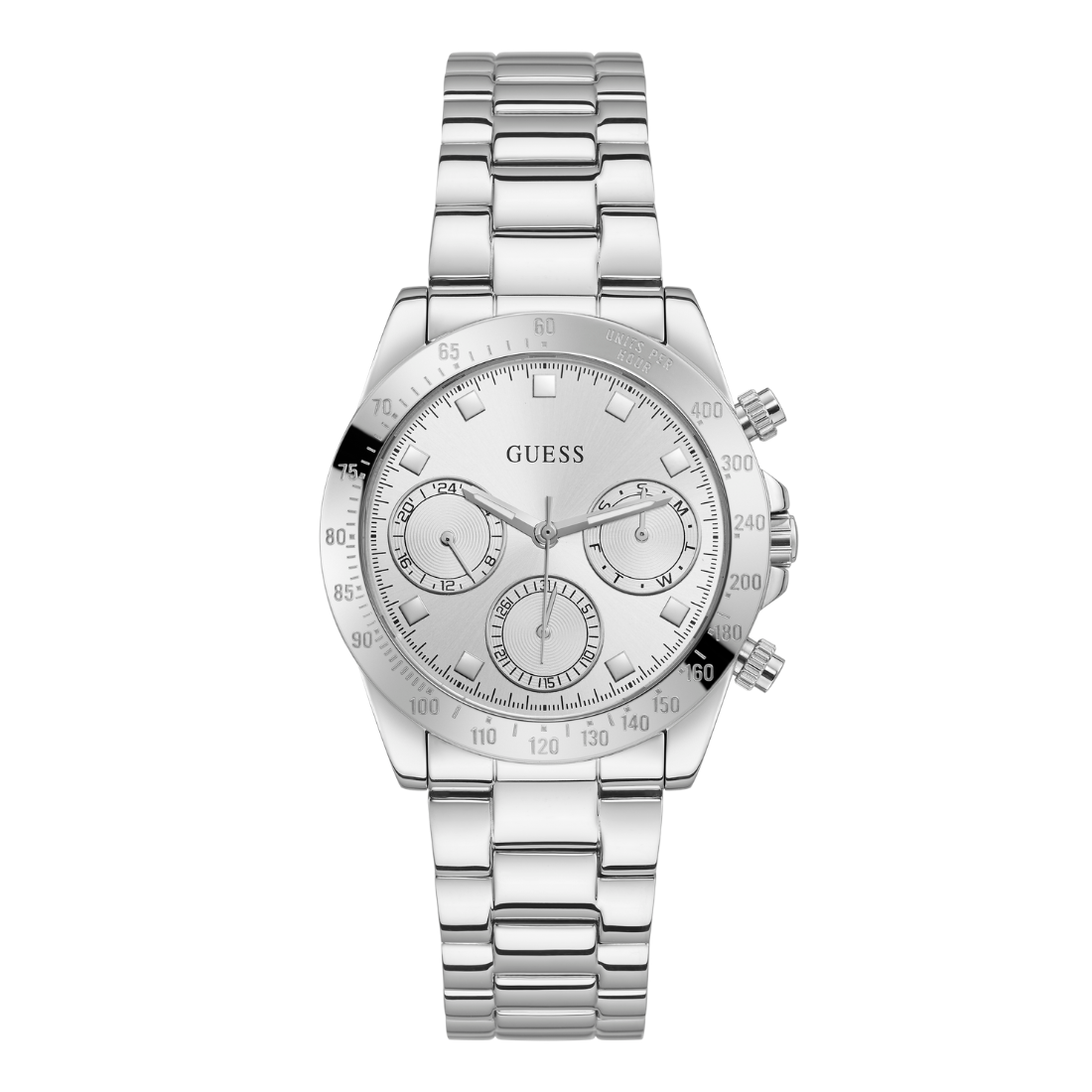 A silver stainless steel chronograph watch by Guess with a matching metal link bracelet, featuring a white dial with three sub-dials and a black bezel.