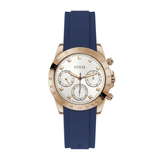 Guess watch with blue strap and rose gold case on white background