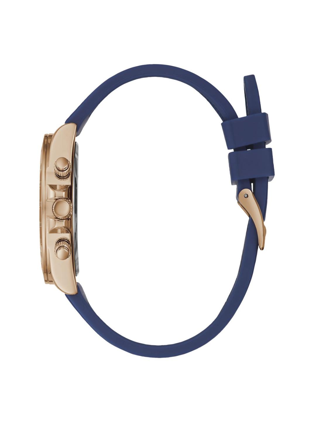Wristwatch with blue strap and gold case on a white background