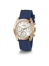 Guess watch with blue strap and rose gold case on white background