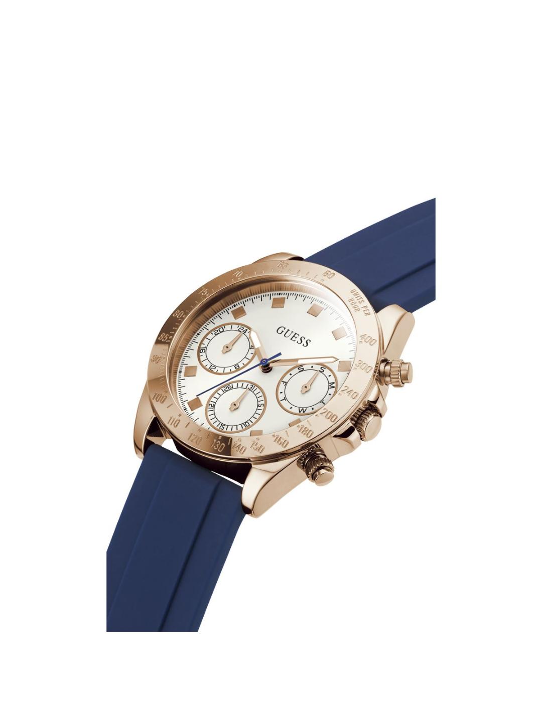 Wristwatch with blue strap and rose gold case on white background