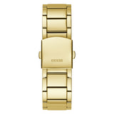 Gold-tone stainless steel link watch band with a rectangular clasp engraved with the GUESS brand name, shown against a plain white background.