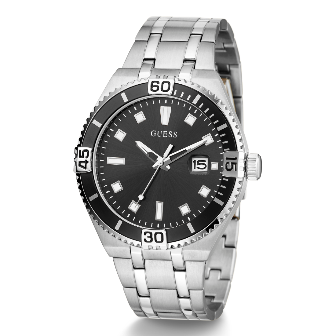Silver watch with black dial on a white background