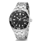 Silver watch with black dial on a white background
