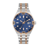 Two-tone watch with blue dial and rose gold accents on a white background