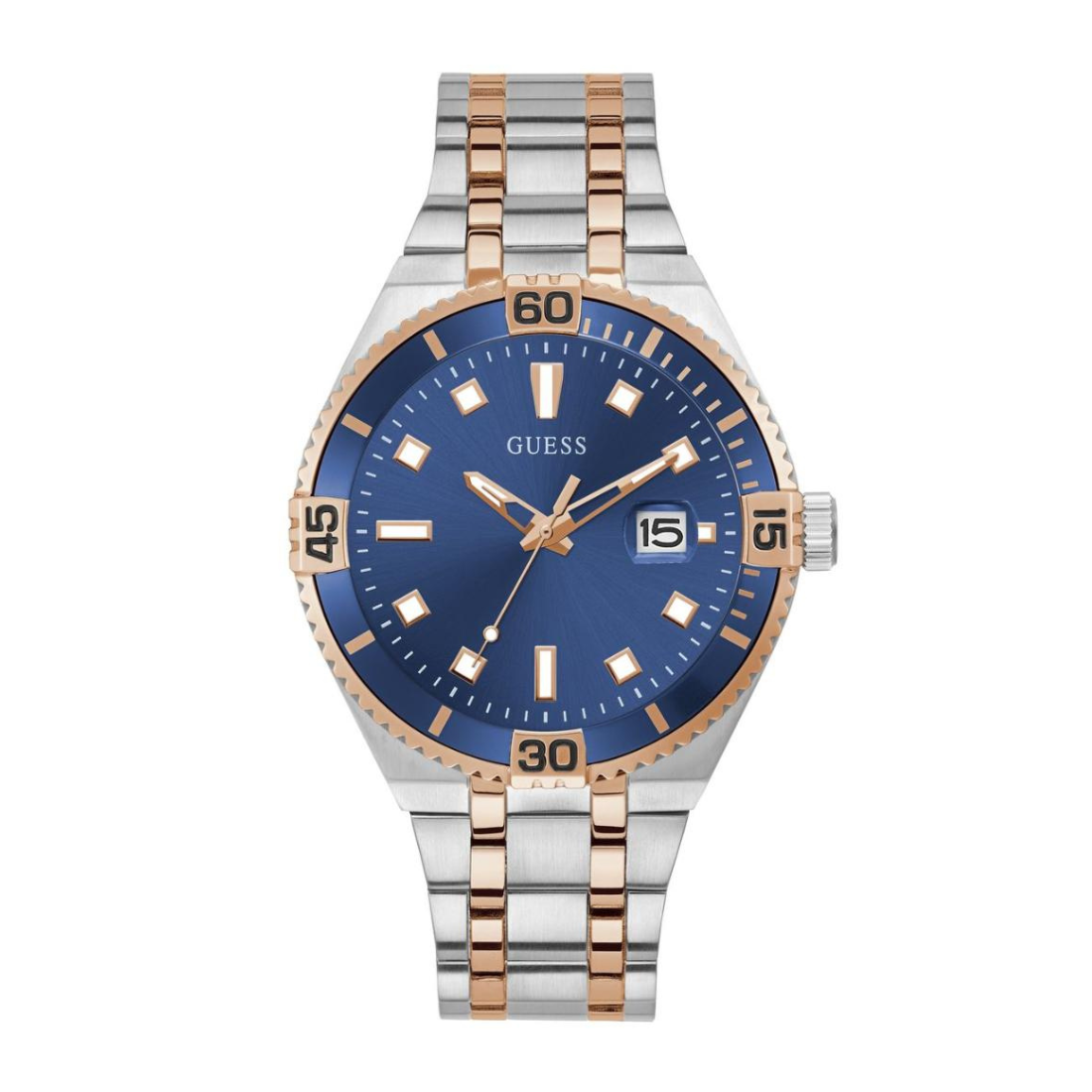 Two-tone watch with blue dial and rose gold accents on a white background