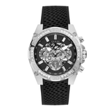 Black and silver watch with visible brand name on a white background