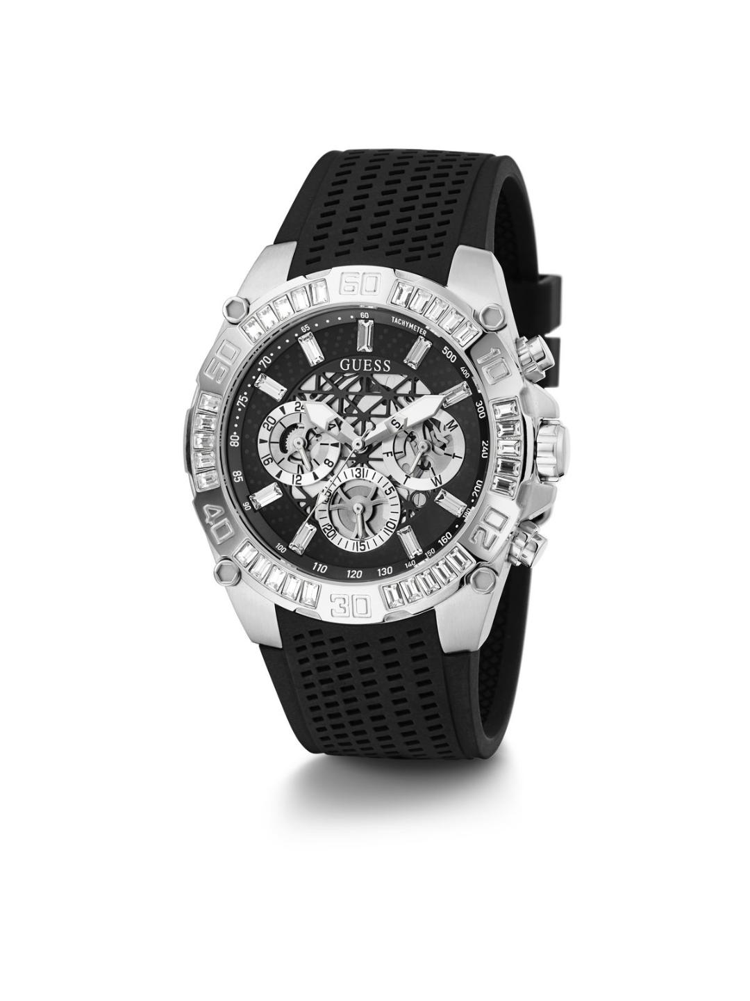 Black and silver watch with visible brand logo on a white background
