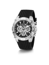 Black and silver watch with visible brand logo on a white background