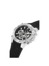 Wristwatch with black strap and silver case on a white background