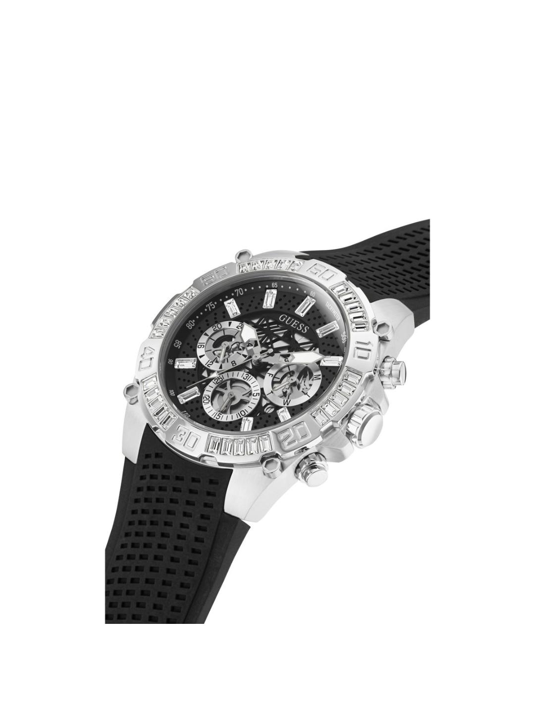 Wristwatch with black strap and silver case on a white background