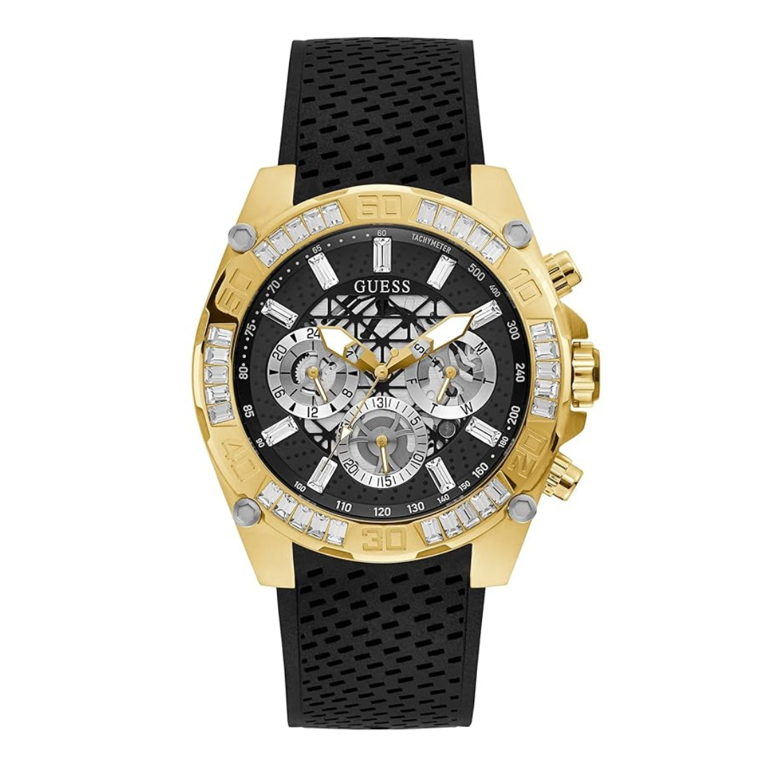 A GUESS men's chronograph watch featuring a gold-tone case accented with clear crystals, a black dial with silver sub-dials, and a textured black silicone strap, shown against a plain white background.