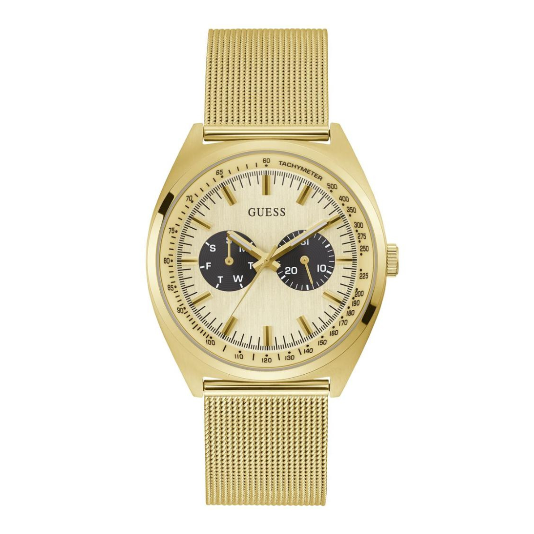 Gold watch with a detailed face on a white background