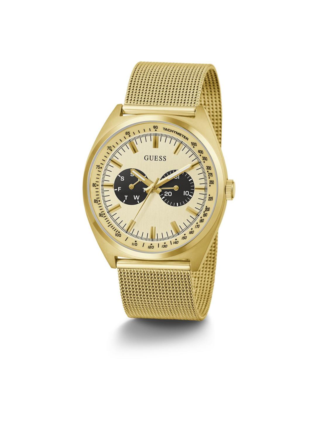 Gold watch with mesh band on a white background