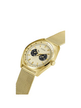 Gold watch with a mesh band on a white background