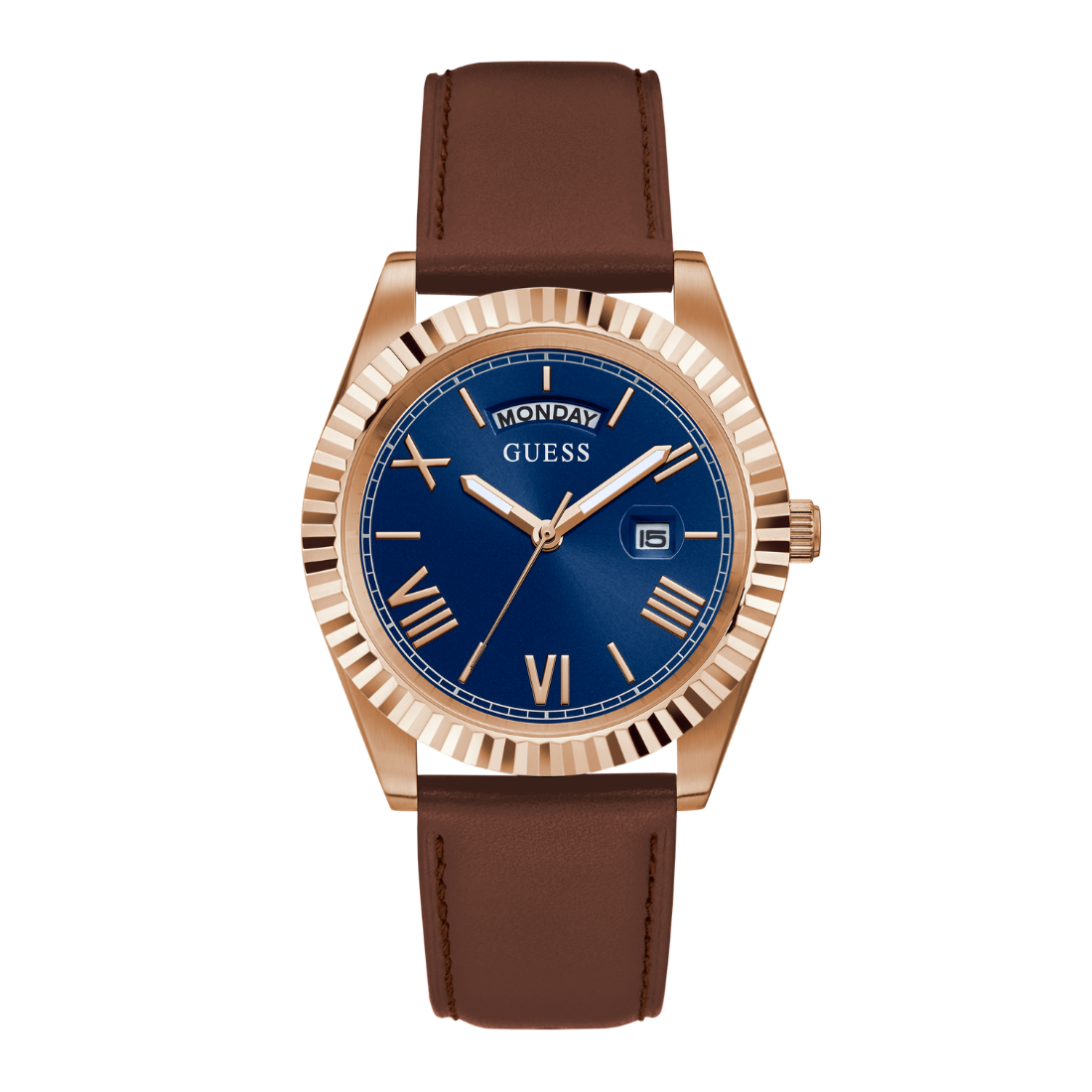 A GUESS men's analog watch featuring a rose gold-tone case with a fluted bezel, a deep blue dial with gold-tone Roman numerals and hands, and a brown leather strap.