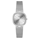 Silver Guess watch with mesh band on a white background