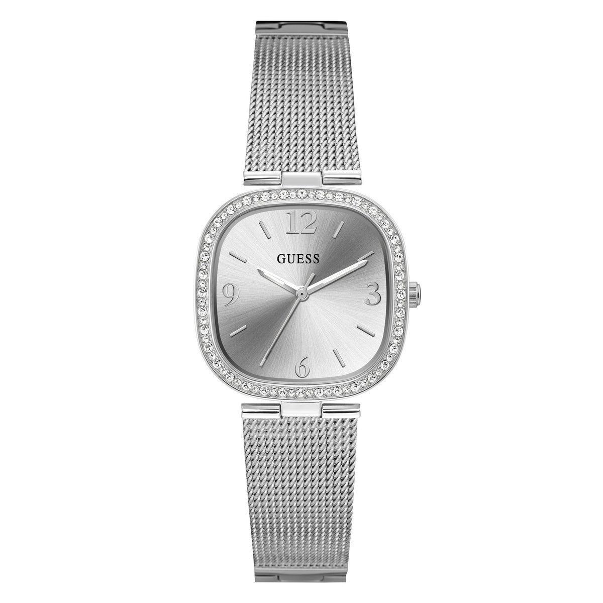 Silver Guess watch with mesh band on a white background