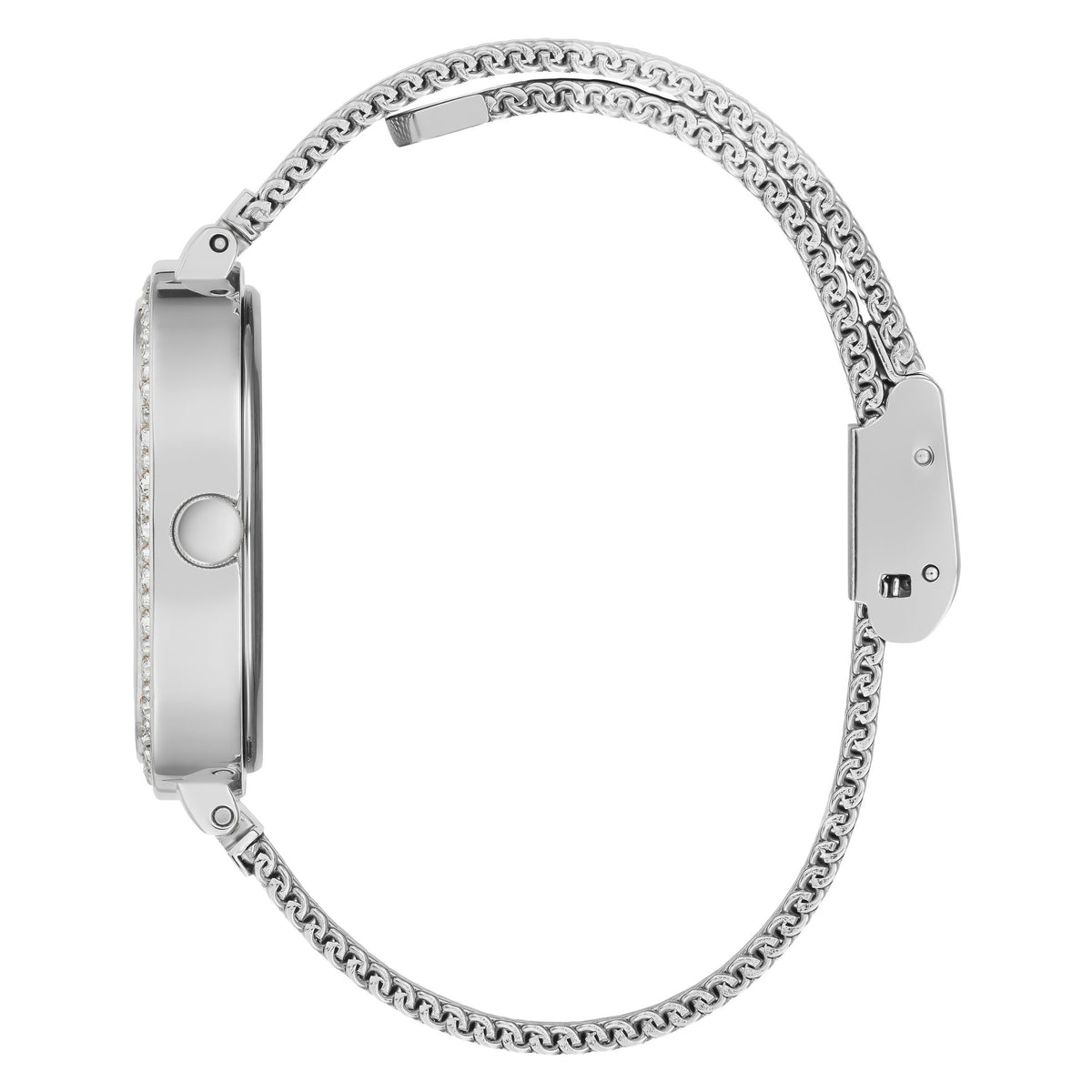 Silver stainless steel smartwatch band with a textured chain link design, shown from the side profile on a white background.