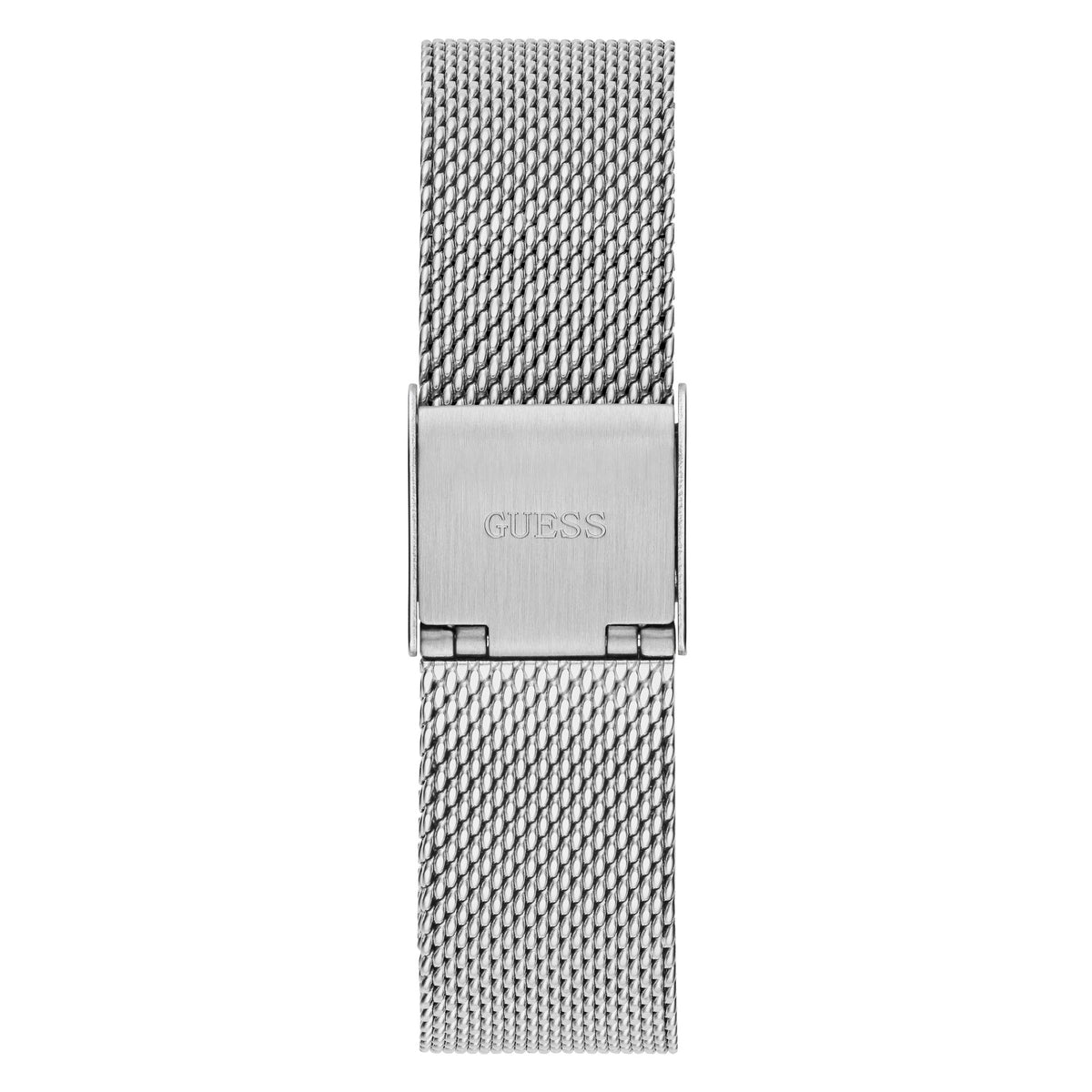 A silver stainless steel mesh watch band with a rectangular clasp engraved with the GUESS brand name, shown against a plain white background.