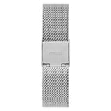 A silver stainless steel mesh watch band with a rectangular clasp engraved with the GUESS brand name, shown against a plain white background.
