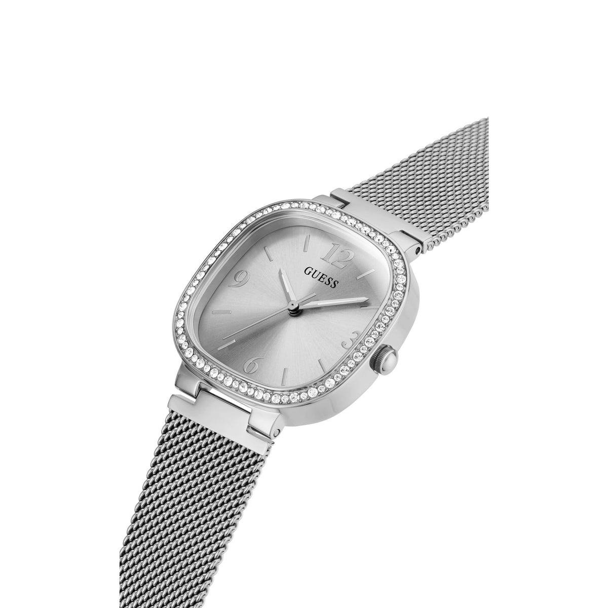 A Guess women's analog watch with a silver-toned metal mesh strap, a silver dial, and a bezel set with clear crystals, shown on a plain white background.