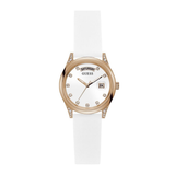 White watch with rose gold case and white strap on a white background