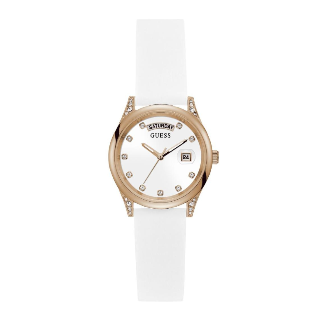 White watch with rose gold case and white strap on a white background