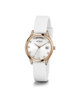 White watch with rose gold accents on a white background