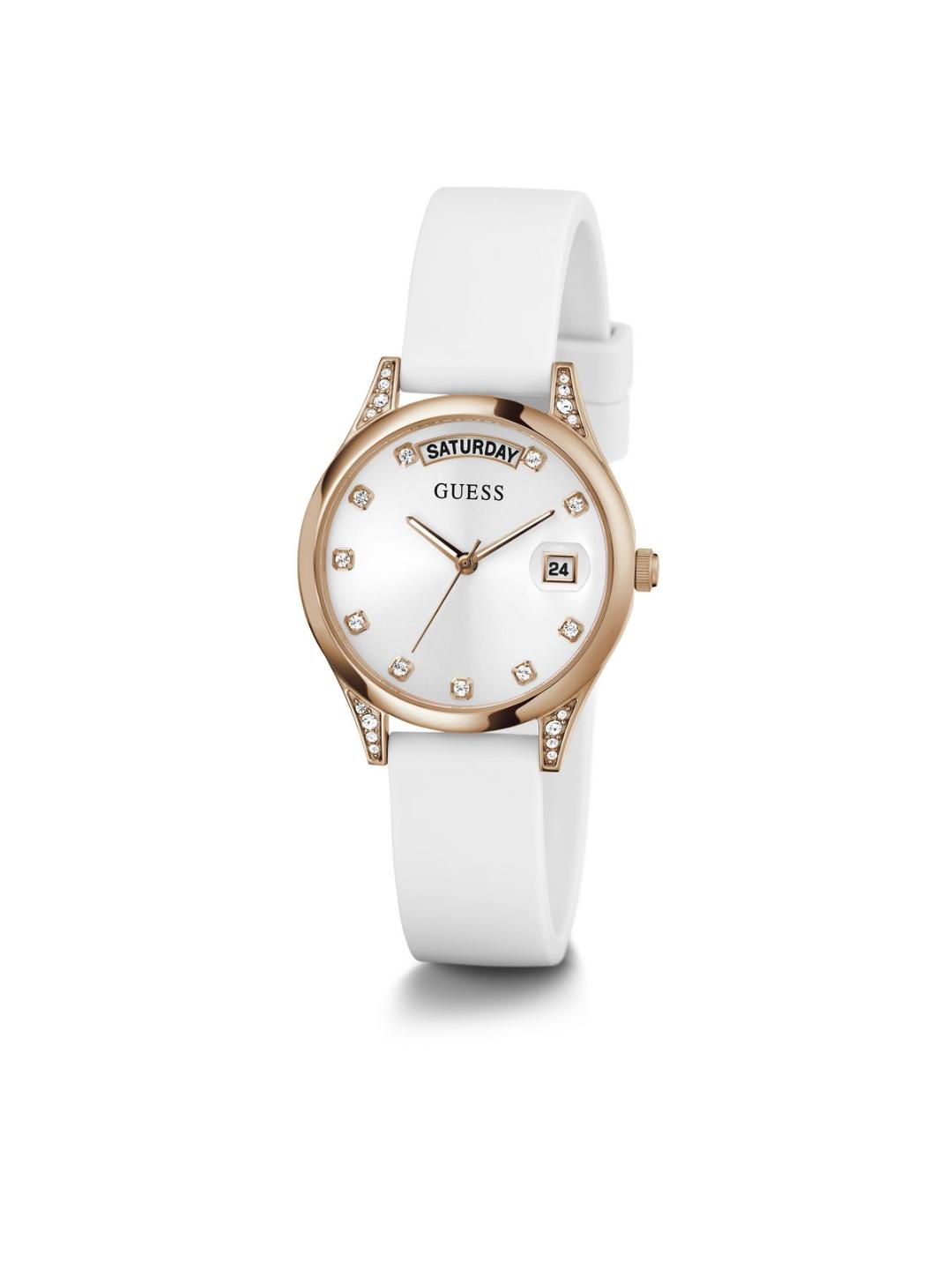 White watch with rose gold accents on a white background
