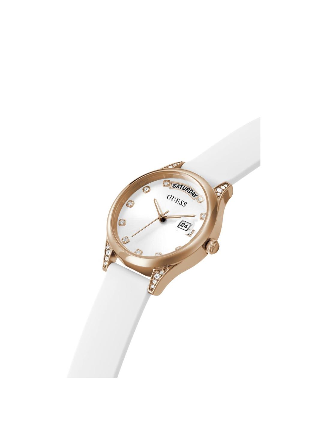 White watch with rose gold case and white strap on a white background