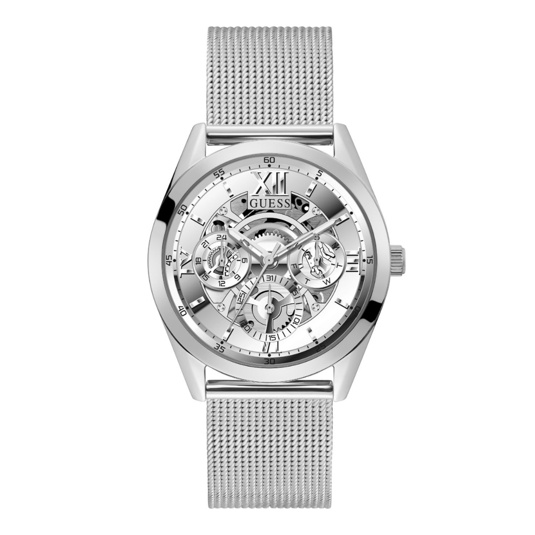 A Guess men's skeleton watch with a silver-tone stainless steel mesh strap and a detailed silver dial showing the inner mechanical movement.