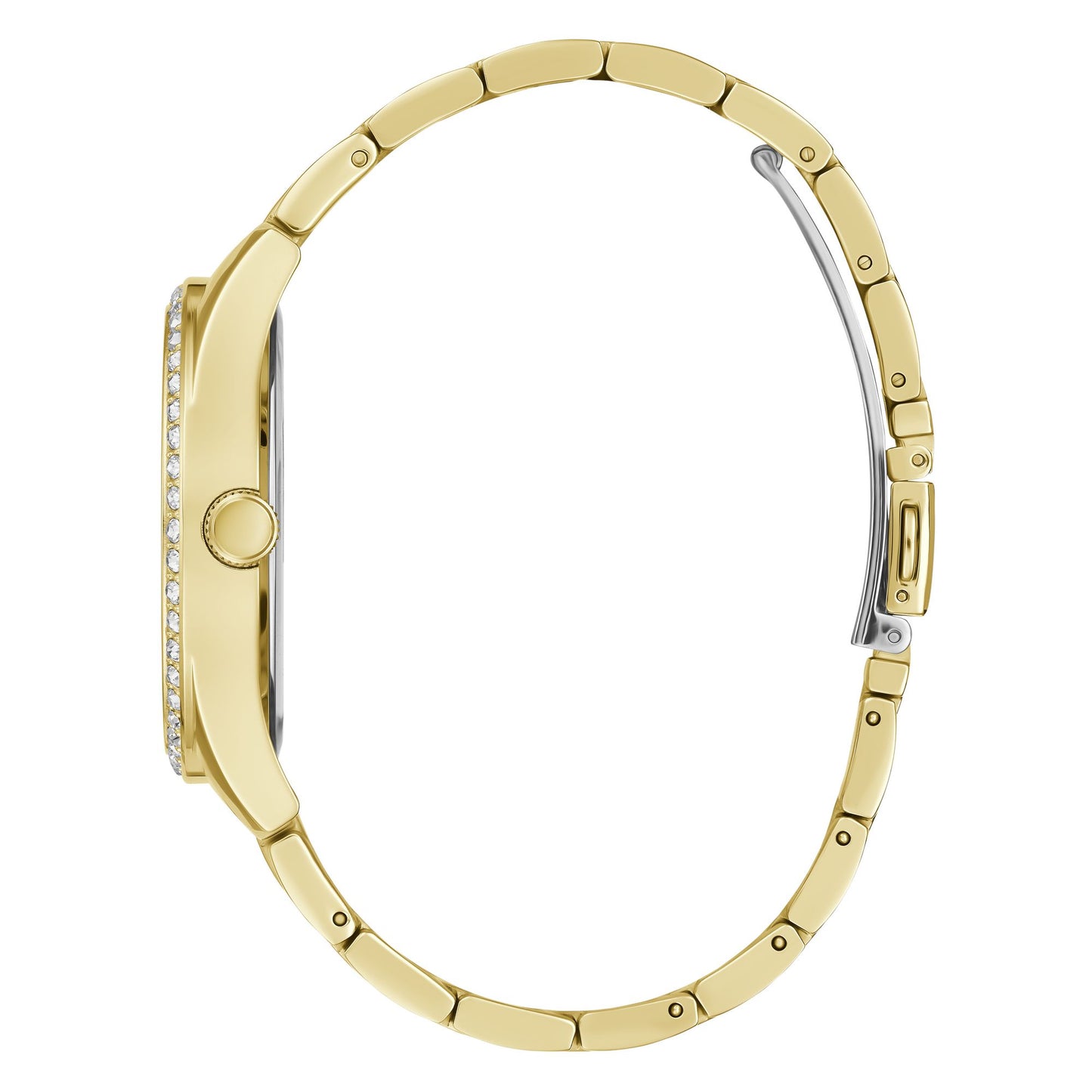 A gold-tone metal link watch band shown from the side profile against a solid white background.