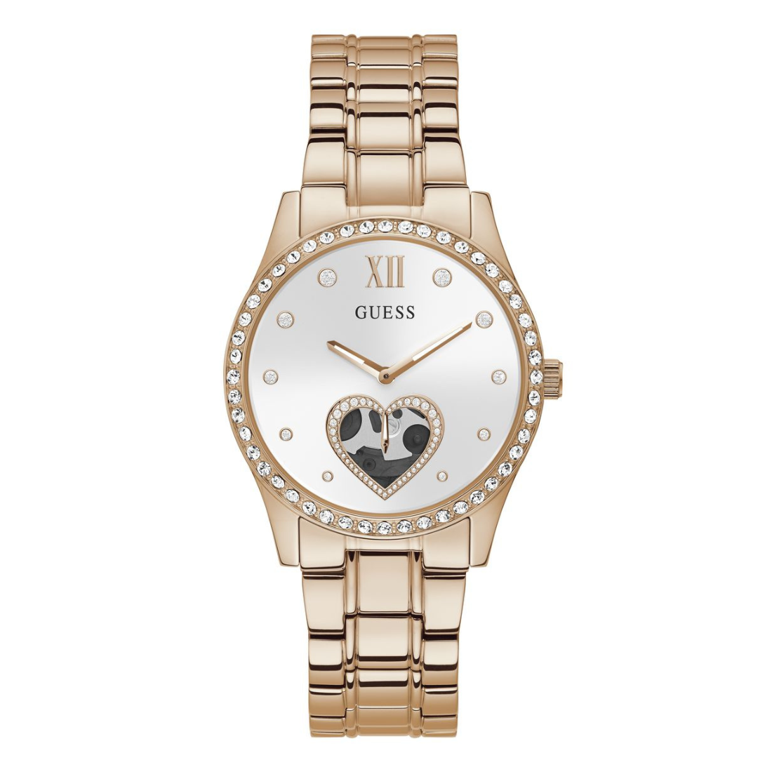 A Guess women's analog watch with a rose gold metal link bracelet, a white dial, a bezel set with clear rhinestones, and a heart-shaped crystal accent on the face.