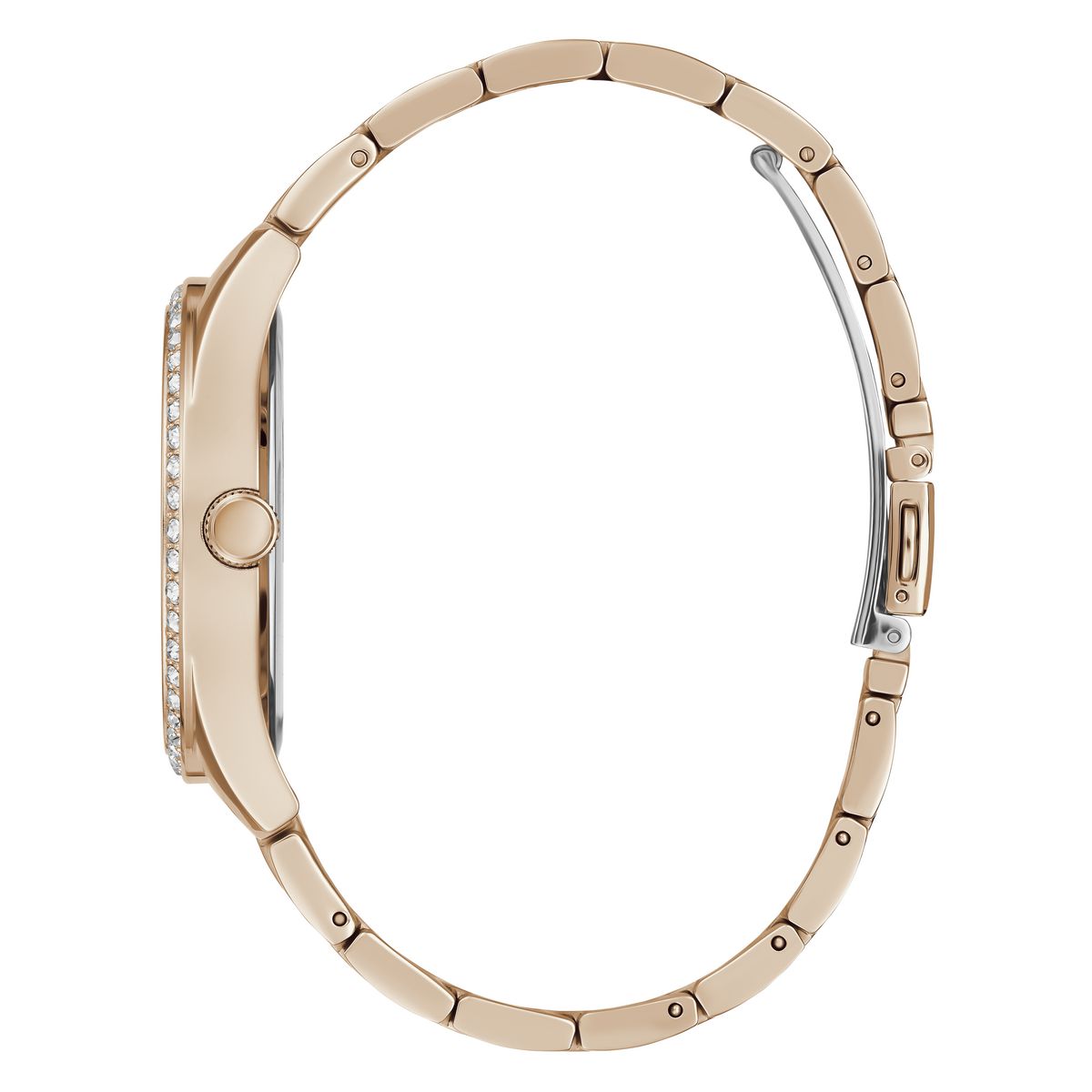 Rose gold smartwatch with a matching metal link bracelet, shown from the side on a white background.