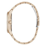 Rose gold smartwatch with a matching metal link bracelet, shown from the side on a white background.