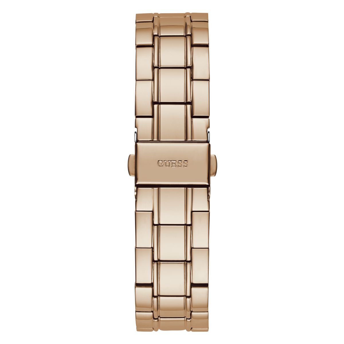A rose gold metal link watch band shown vertically against a plain white background, featuring the 'GUESS' brand logo engraved on the clasp.