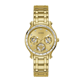 Gold watch with diamond-studded bezel on a white background