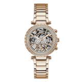Rose gold watch with intricate design on a white background
