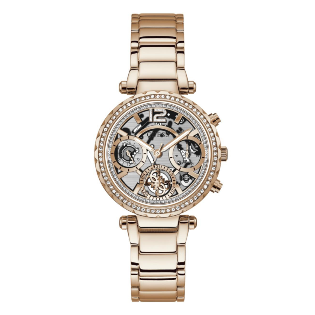 Rose gold watch with intricate design on a white background