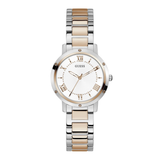 A women's two-tone stainless steel and rose gold wristwatch by Guess, featuring a white sunburst dial with Roman numerals and a matching two-tone metal link bracelet.