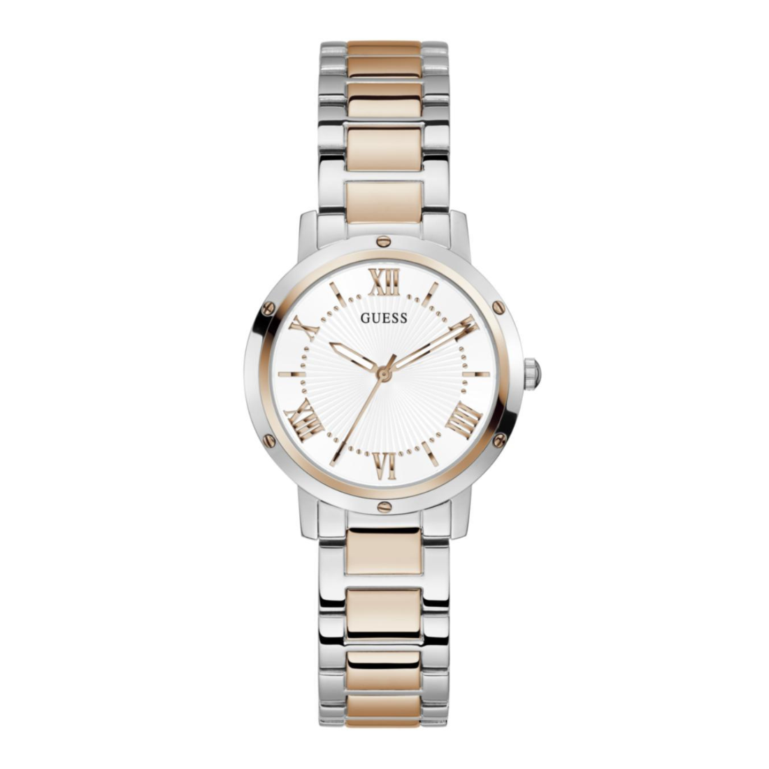A women's two-tone stainless steel and rose gold wristwatch by Guess, featuring a white sunburst dial with Roman numerals and a matching two-tone metal link bracelet.