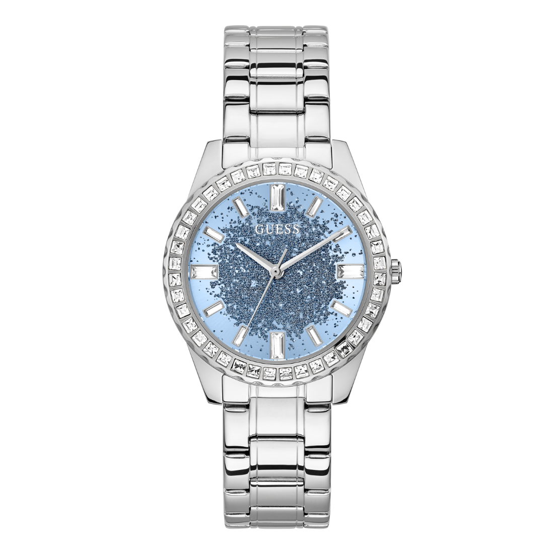 A Guess branded analog women's watch with a blue dial and a silver stainless steel band, featuring a diamond-accented bezel.