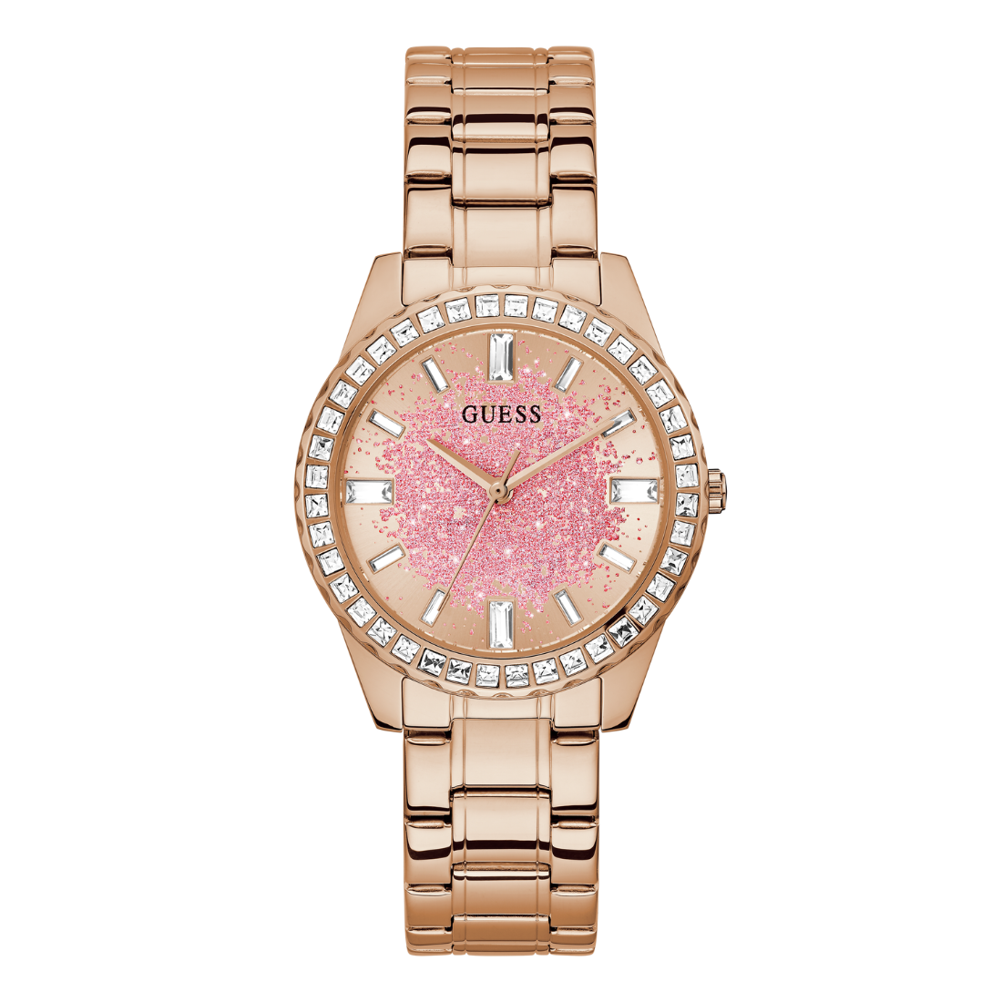 A Guess women's analog watch with a rose gold metal link bracelet, a crystal-studded bezel, and a pink glitter dial.