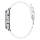 A silver-toned smartwatch shown from the side profile, featuring a white silicone strap and a bezel embellished with small blue and green crystals, set against a plain white background.