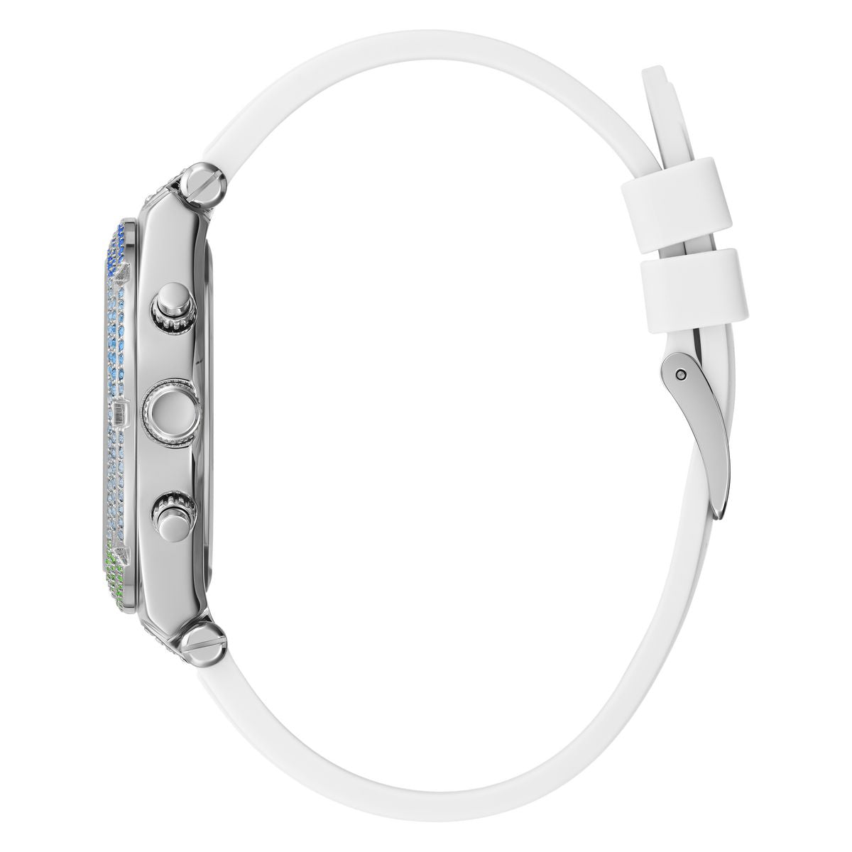 A silver-toned smartwatch shown from the side profile, featuring a white silicone strap and a bezel embellished with small blue and green crystals, set against a plain white background.