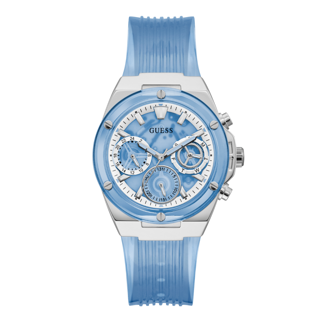 A Guess women's chronograph watch featuring a light blue textured silicone strap, a silver-tone case, and a matching light blue and white dial with multiple sub-dials.