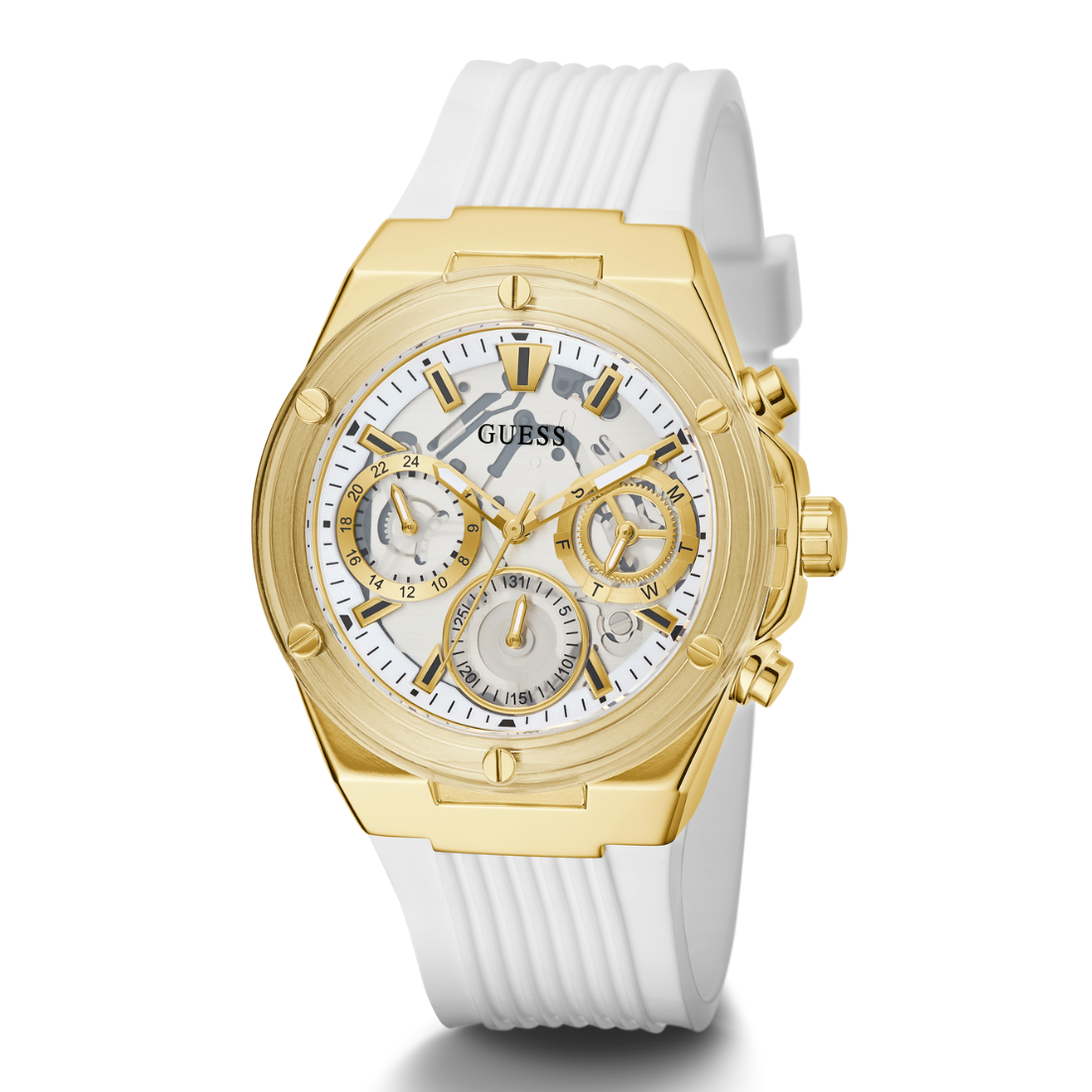 A GUESS men's watch featuring a gold-tone case, a white dial with three subdials, and a white textured silicone strap, shown on a clean white background.