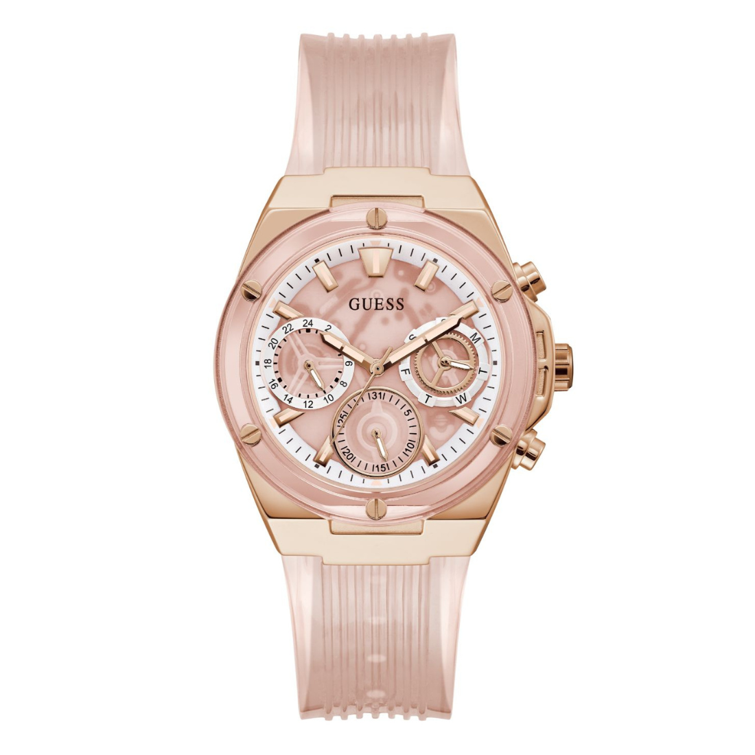 A GUESS women's chronograph watch featuring a rose gold-tone case, a white dial with pink accents, and a ribbed light pink silicone strap, shown against a plain white background.